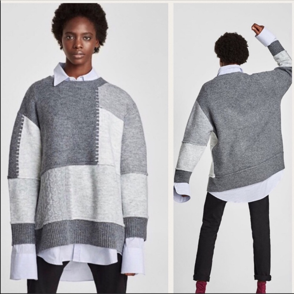 Zara Oversized Gray Patchwork Sweater Size S - image 1